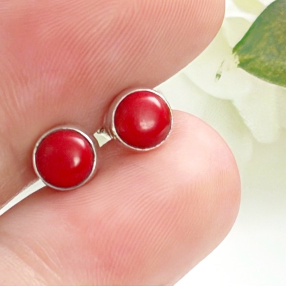 Red Coral Earrings Pure Sterling Silver 925 Gemstone Stud Post Push Back Round